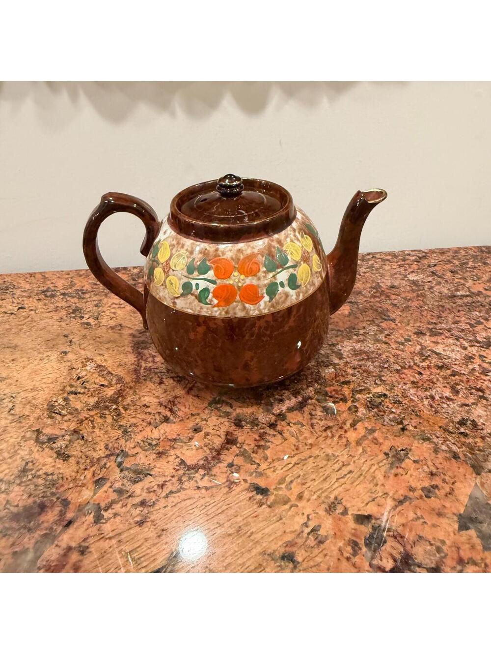 Vintage Sadler "Brown Betty" Teapot Floral Rockingham Glaze Pattern Gold Rim